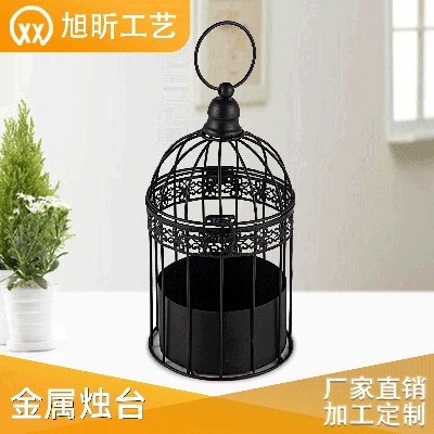 Simple and creative birdcage candle holder, black European retro candle holder, restaurant home decoration pendant, iron hollow out customization