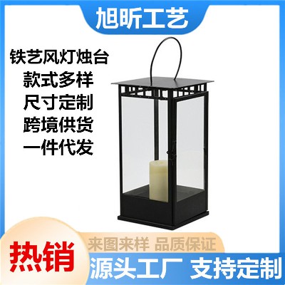 European style wrought iron wind lanterns, candle holders, creative hollow candle holders, glass candle holders, home decoration crafts, custom ornaments