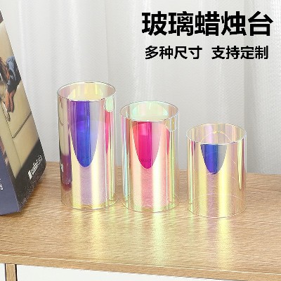 七彩玻璃烛台电子蜡烛玻璃灯罩香薰罐蜡烛杯圆柱形烛浪漫摆件定制