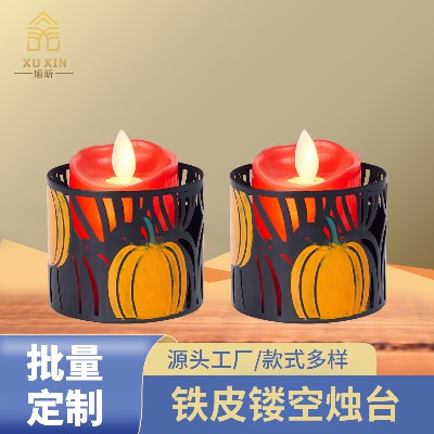 金属镂空蜡烛台创意南瓜涂鸦万圣节餐厅装饰品欧式铁艺摆件烛台