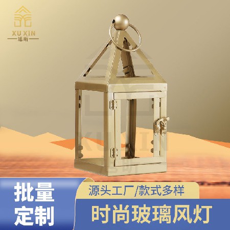 European retro minimalist wrought iron glass candle stand, courtyard outdoor floor standing wind lamp, dining table decoration ornaments customization