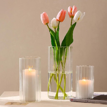 玻璃蜡烛台罗纹圆柱蜡烛杯家居装饰浪漫婚礼桌面氛围感摆件品定制